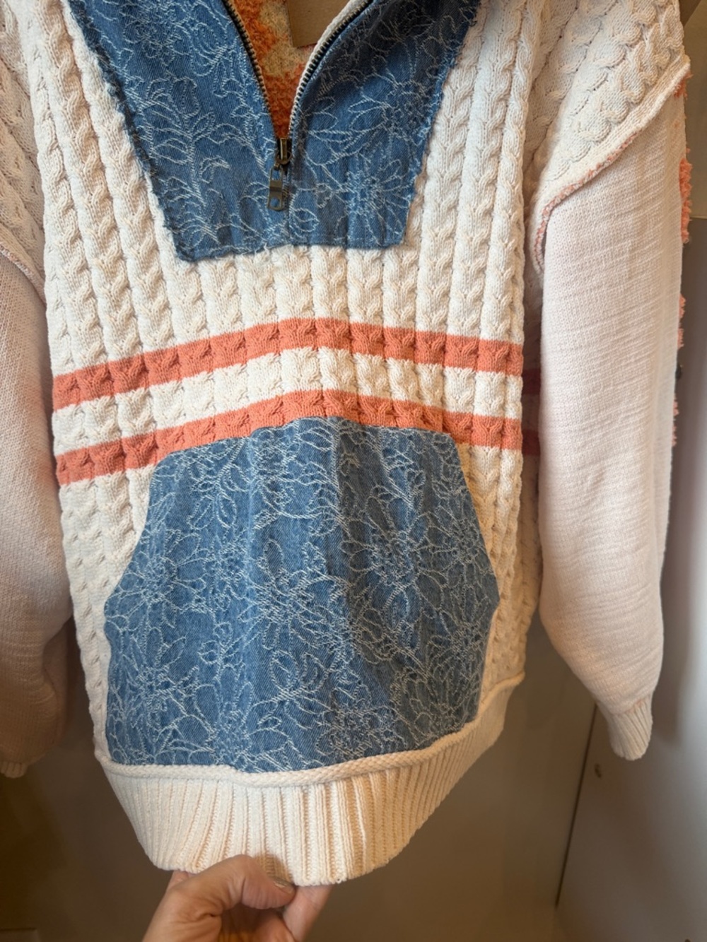 POL Cream Cable-Knit Hoodie with Blue Panels and Coral Stripes - Picture 4 of 5